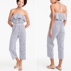 J Crew Size S Strapless Jumpsuit Blue White Stripe Seer Sucker Cropped Tassels